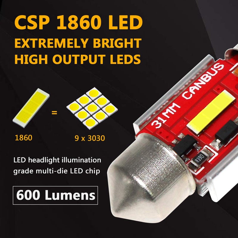 PHINLION 31mm White LED Bulbs, 600 Lumens Extremely Bright Error Free CANBUS 1.25 inch DE3175 DE3022 3175 Festoon Bulb for Interior Map Dome Reading Trunk License Plate Lights, Pack of 2 - Image 2
